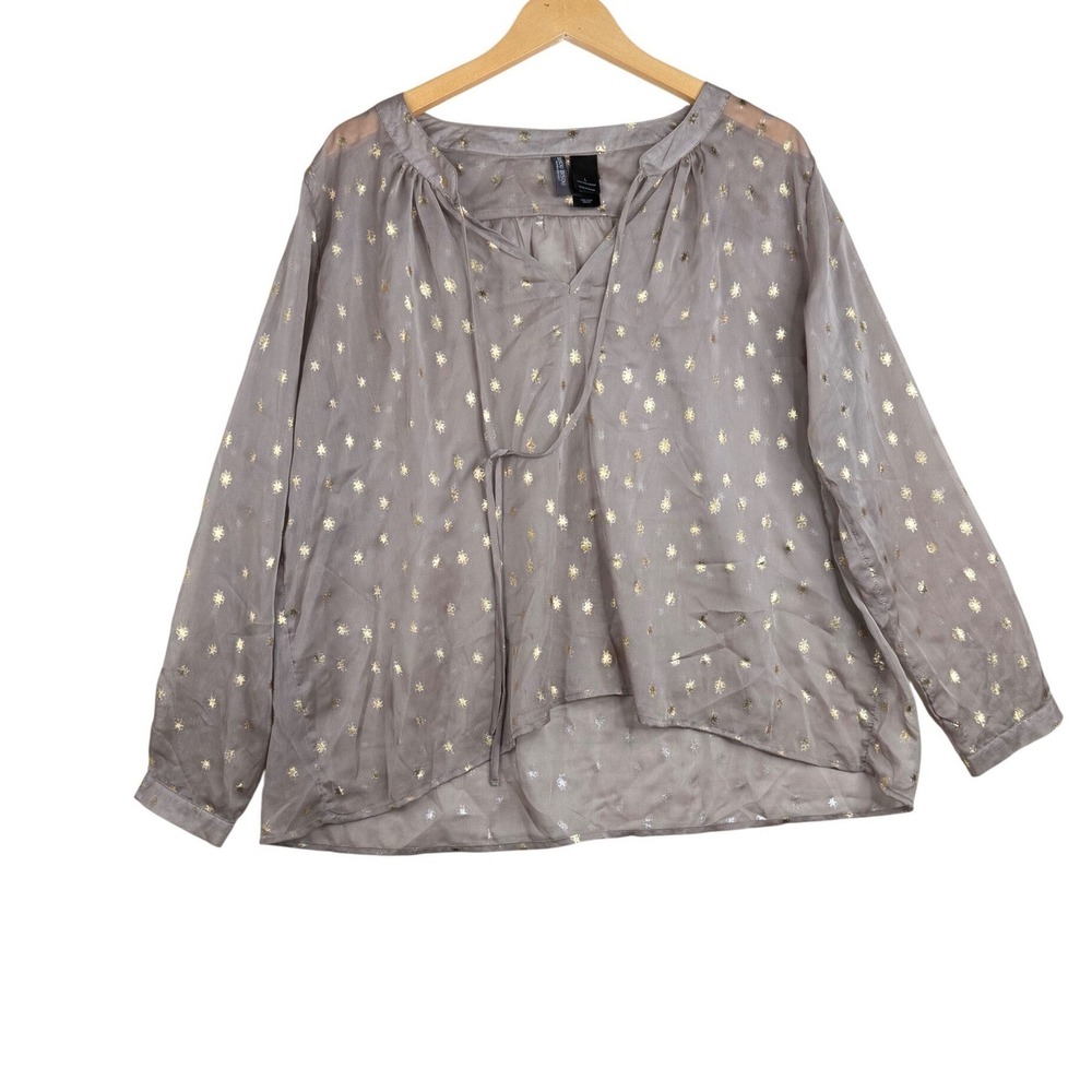Bisou Bisou Metallic Printed Sheer Long Sleeve Blouse size Large Tan/Gold